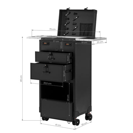 Gabbiano Mobile Hairdresser Trolley V21 Black - front view showing the storage and construction details