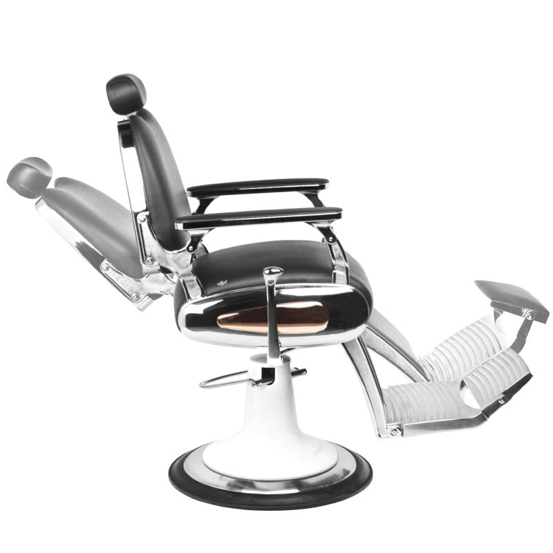 Gabbiano Moto Style Barber Chair Black - close-up of the upholstery, frame and footrest details