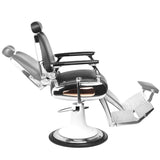 Gabbiano Moto Style Barber Chair Black - close-up of the upholstery, frame and footrest details