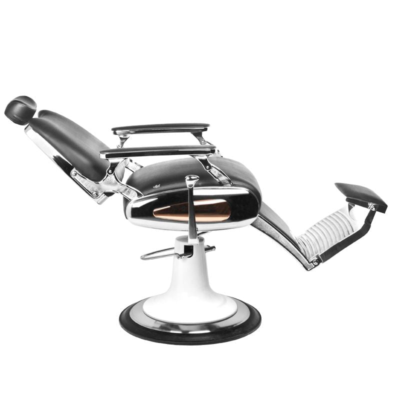 Gabbiano Moto Style Barber Chair Black - close-up of the upholstery, frame and footrest details