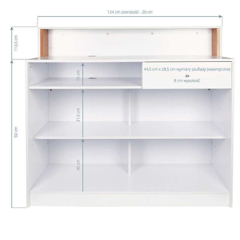 Gabbiano Pearl Reception Desk White - front view showing the storage and construction details