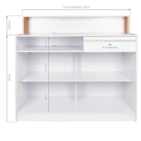 Gabbiano Pearl Reception Desk White - front view showing the storage and construction details
