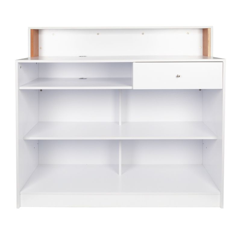Gabbiano Pearl Reception Desk White - front view showing the storage and construction details