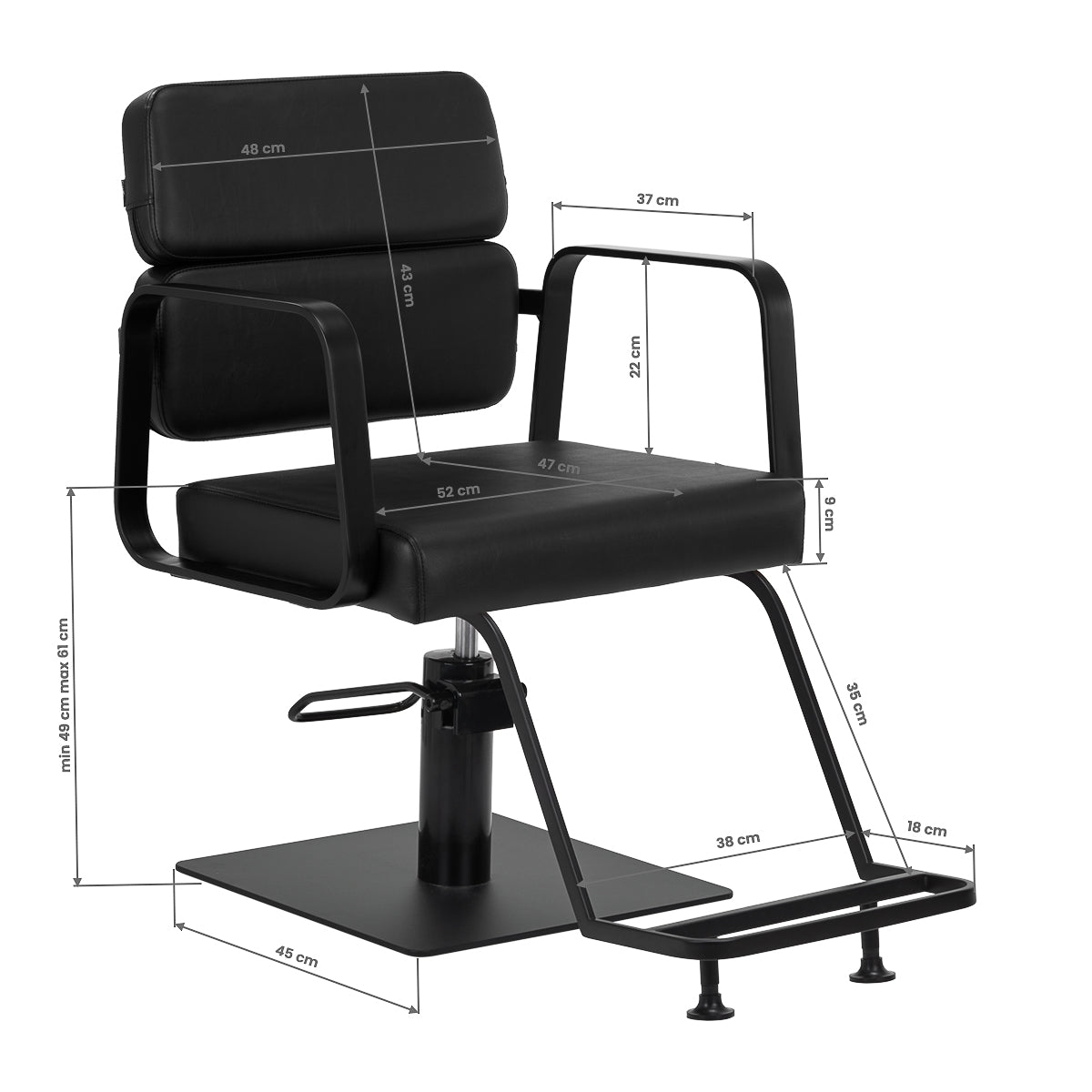 Gabbiano Porto-BM Hair Salon Styling Chair Black - close-up of the upholstery, frame and footrest details