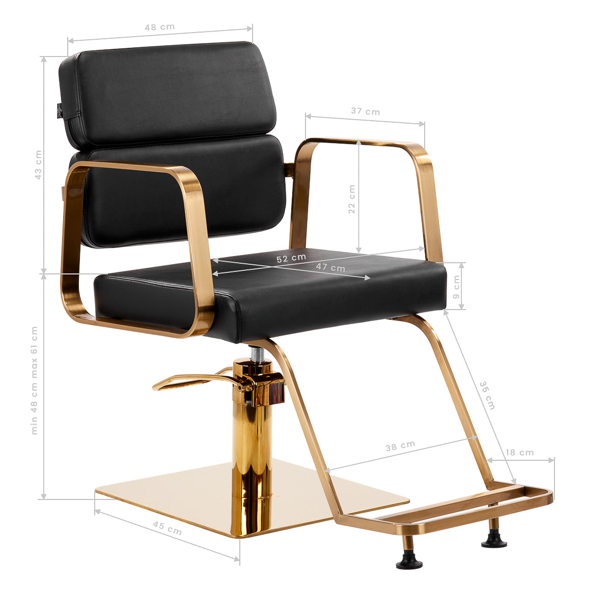 Gabbiano Porto-GM Hair Salon Styling Chair Black - close-up of the upholstery, frame and footrest details