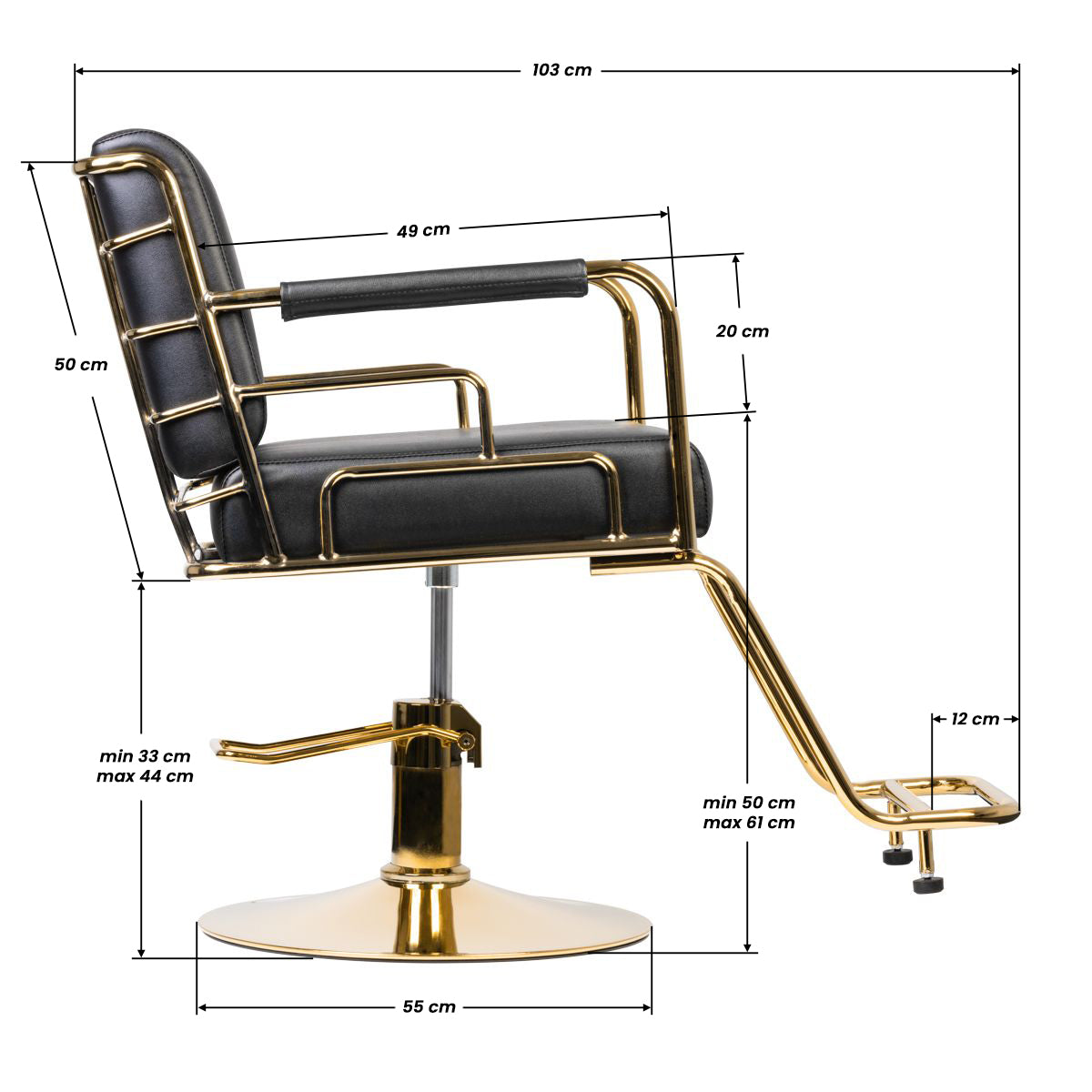 Gabbiano Prato Hairdressing Chair Gold & Black - dimensions and measurements shown