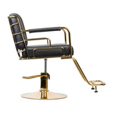 Gabbiano Prato Hairdressing Chair Gold & Black - close-up of the upholstery, frame and footrest details