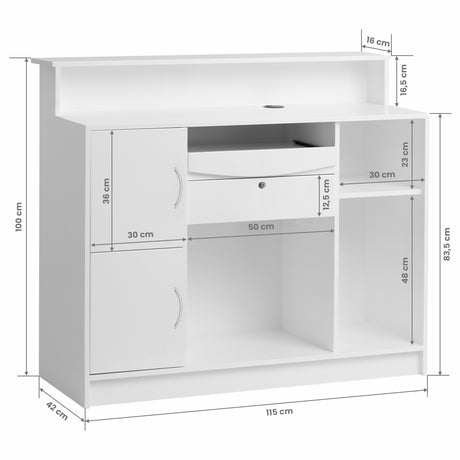 Gabbiano Reception Desk G26W White - front view showing the storage and construction details