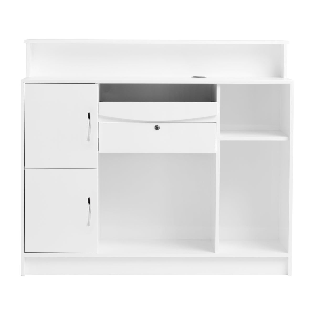 Gabbiano Reception Desk G26W White - front view showing the storage and construction details