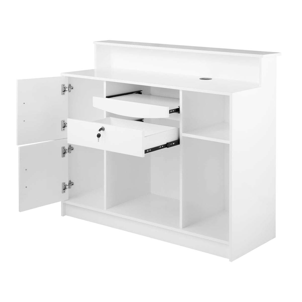 Gabbiano Reception Desk G26W White - front view showing the storage and construction details