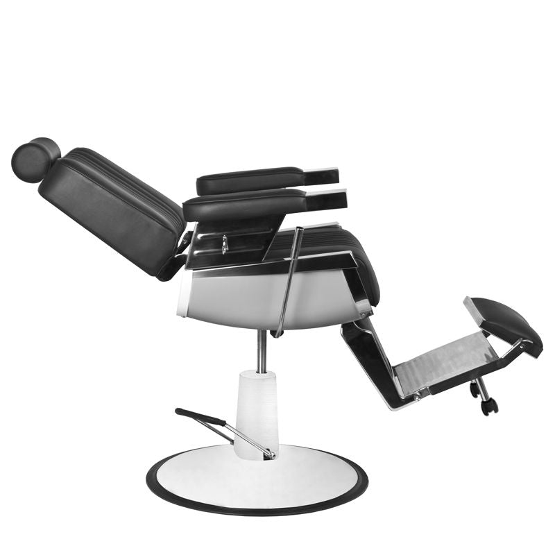 Gabbiano Royal Barber Chair Black - reclined side view with the footrest extended