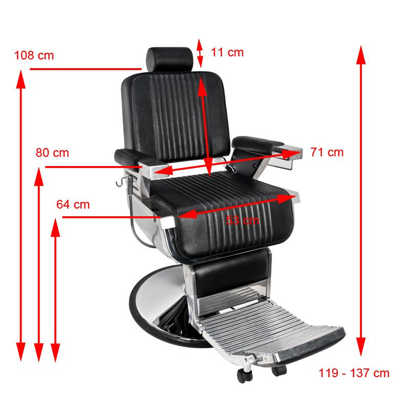 Gabbiano Royal Barber Chair Black - dimensions and measurements shown