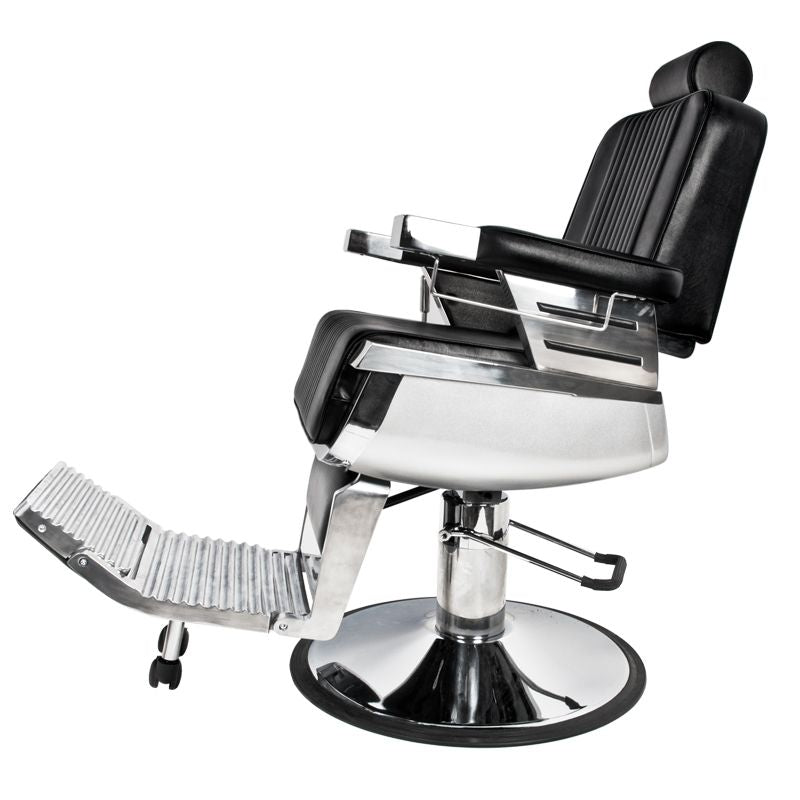 Gabbiano Royal Barber Chair Black - close-up of the upholstery, frame and footrest details
