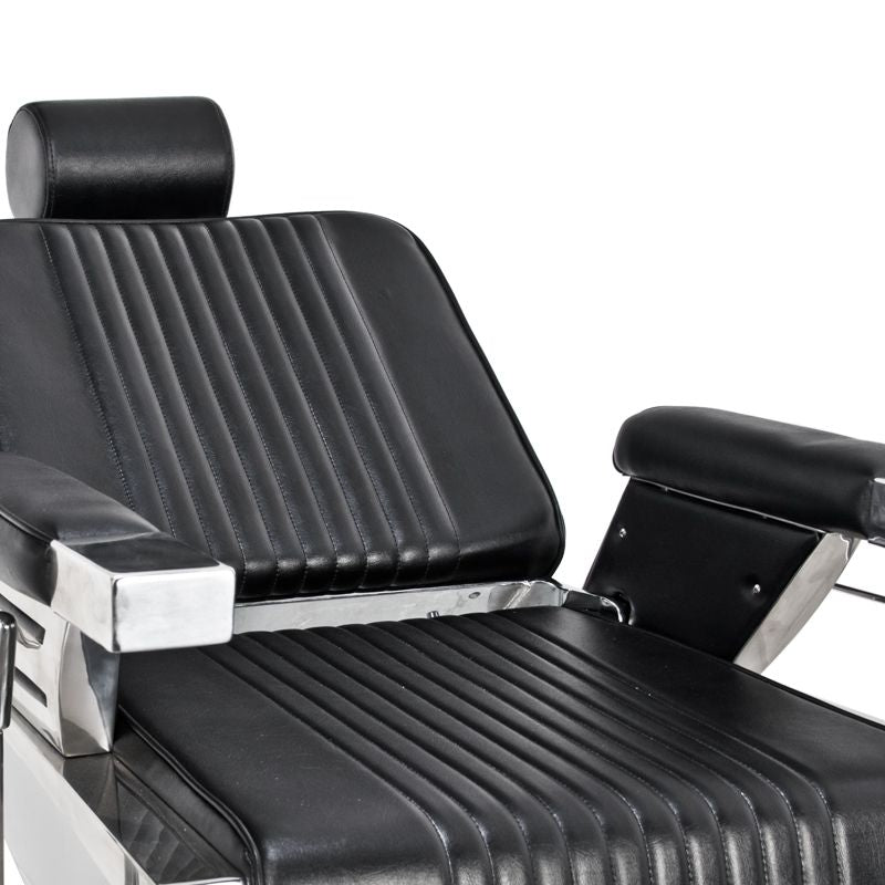Gabbiano Royal Barber Chair Black - close-up of the upholstery, frame and footrest details