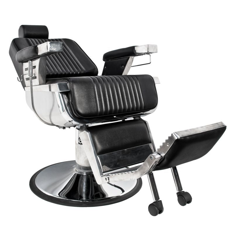 Gabbiano Royal Barber Chair Black - close-up of the upholstery, frame and footrest details