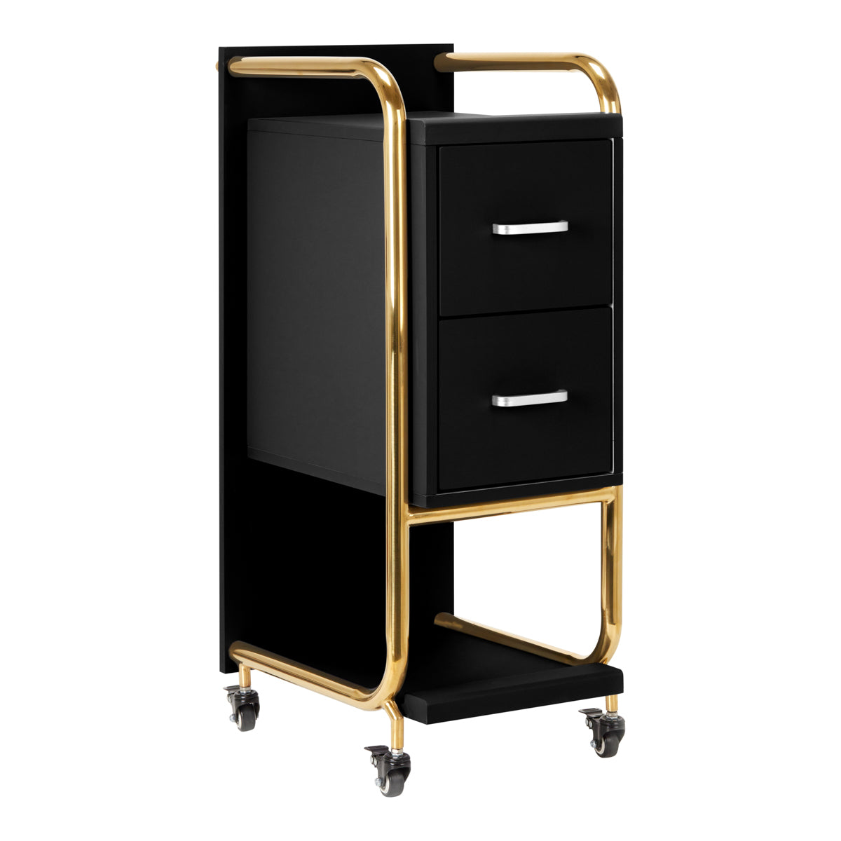 Gabbiano Solo Hairdressing Trolley Gold & Black - front view showing the storage and construction details