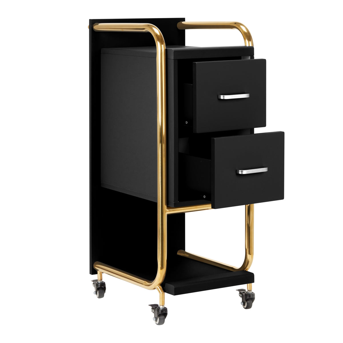 Gabbiano Solo Hairdressing Trolley Gold & Black - front view showing the storage and construction details