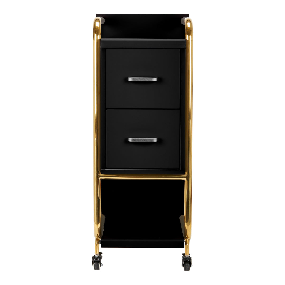 Gabbiano Solo Hairdressing Trolley Gold & Black - front view showing the storage and construction details