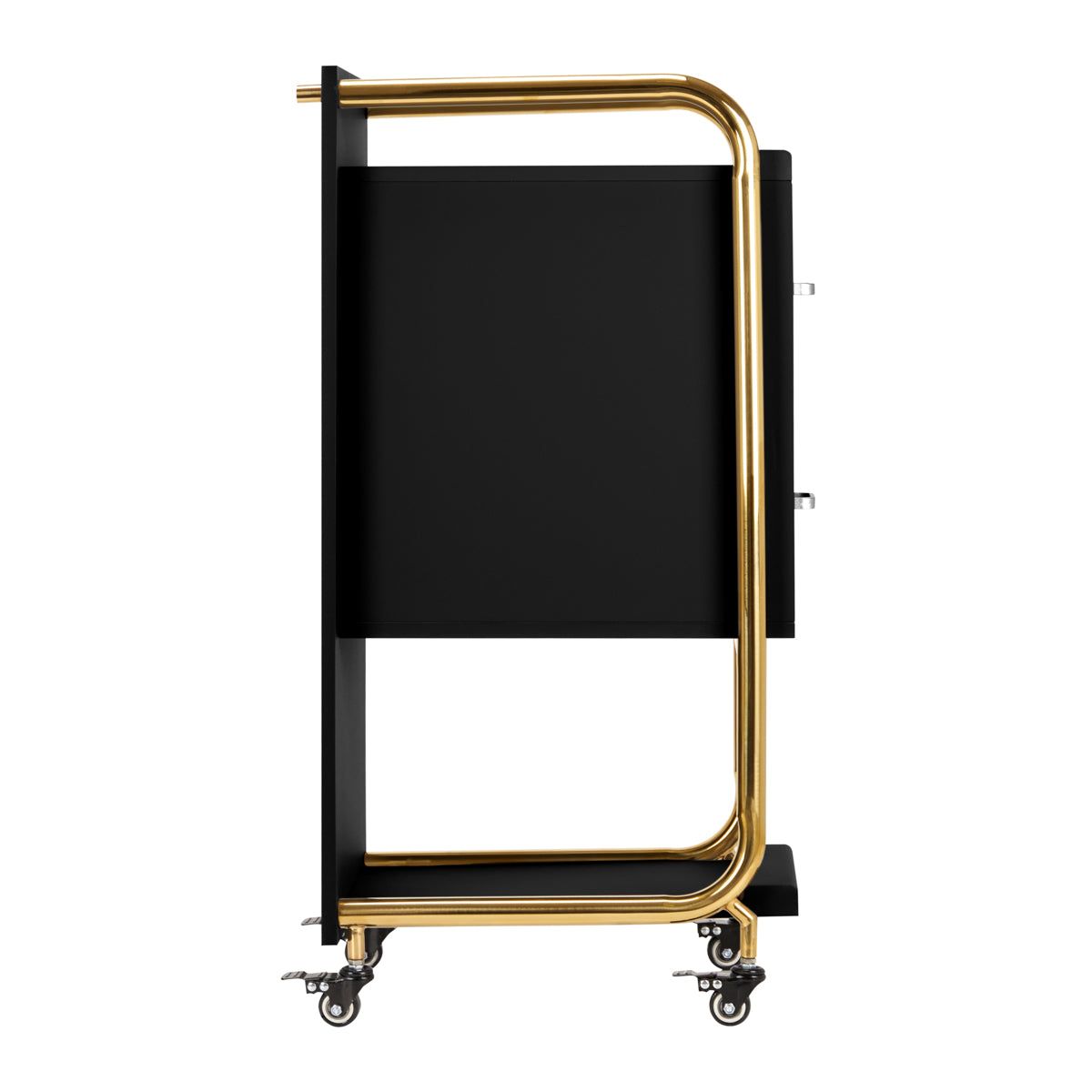 Gabbiano Solo Hairdressing Trolley Gold & Black - front view showing the storage and construction details