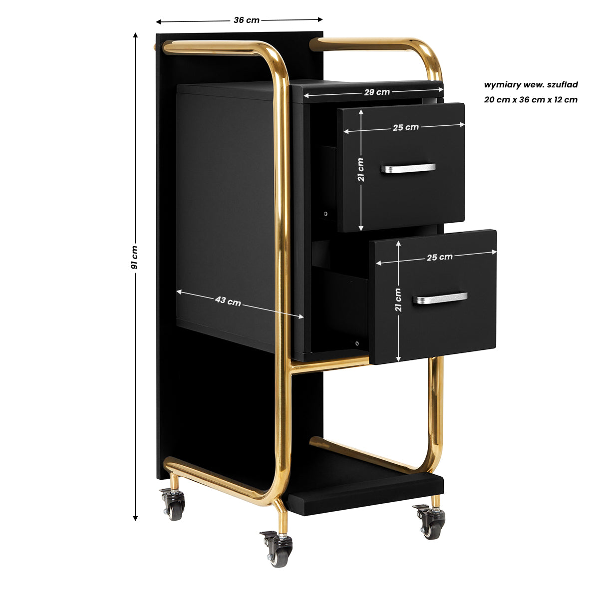 Gabbiano Solo Hairdressing Trolley Gold & Black - front view showing the storage and construction details