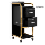 Gabbiano Solo Hairdressing Trolley Gold & Black - front view showing the storage and construction details