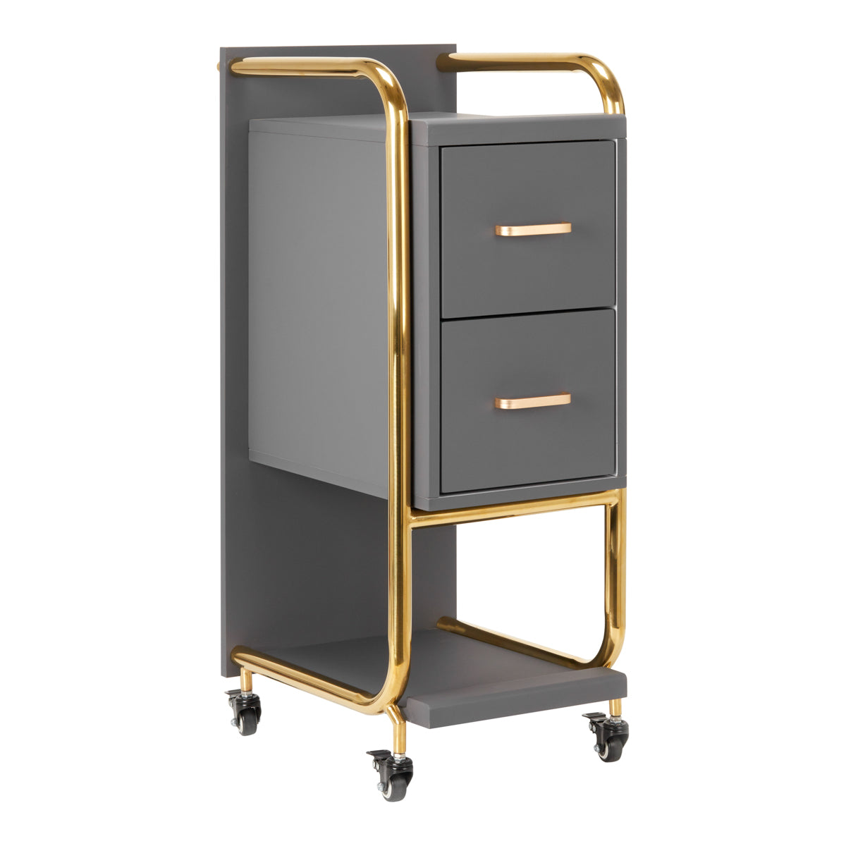 Gabbiano Solo Hairdressing Trolley Gold & Grey - front view showing the storage and construction details