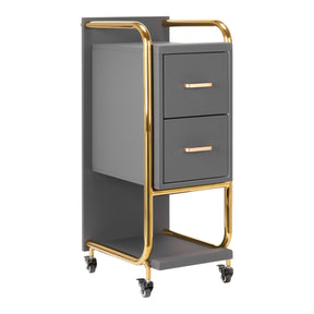 Gabbiano Solo Hairdressing Trolley Gold & Grey - front view showing the storage and construction details