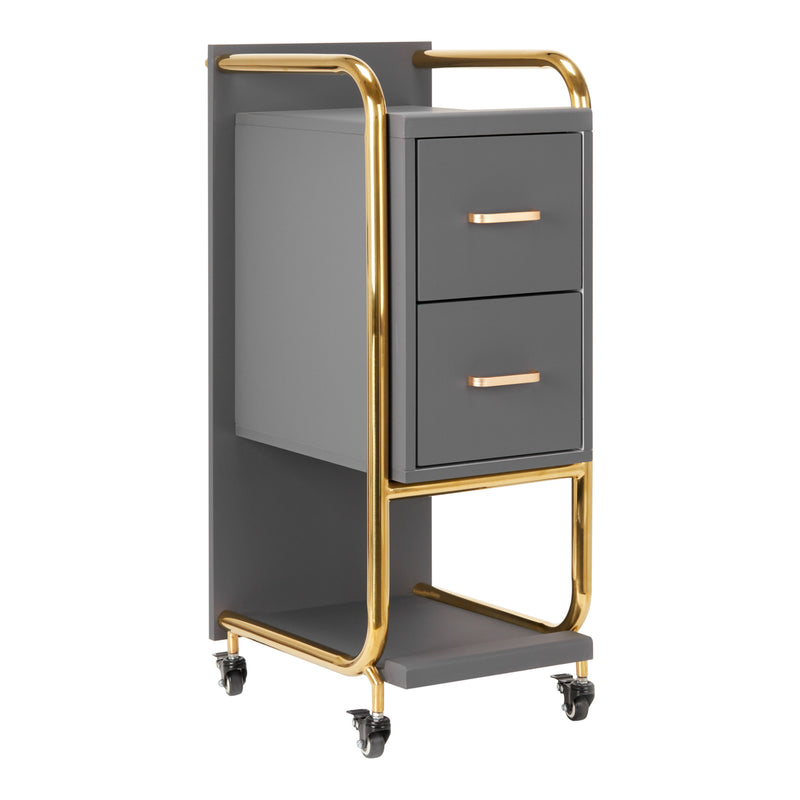 Gabbiano Solo Hairdressing Trolley Gold & Grey - front view showing the storage and construction details