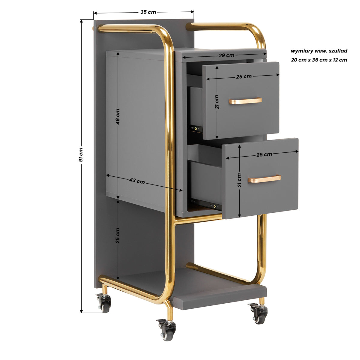 Gabbiano Solo Hairdressing Trolley Gold & Grey - front view showing the storage and construction details