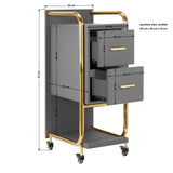 Gabbiano Solo Hairdressing Trolley Gold & Grey - front view showing the storage and construction details