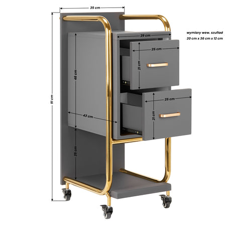 Gabbiano Solo Hairdressing Trolley Gold & Grey - front view showing the storage and construction details