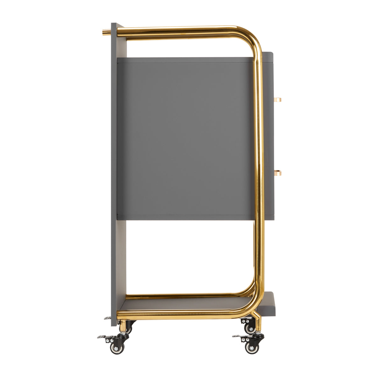 Gabbiano Solo Hairdressing Trolley Gold & Grey - front view showing the storage and construction details