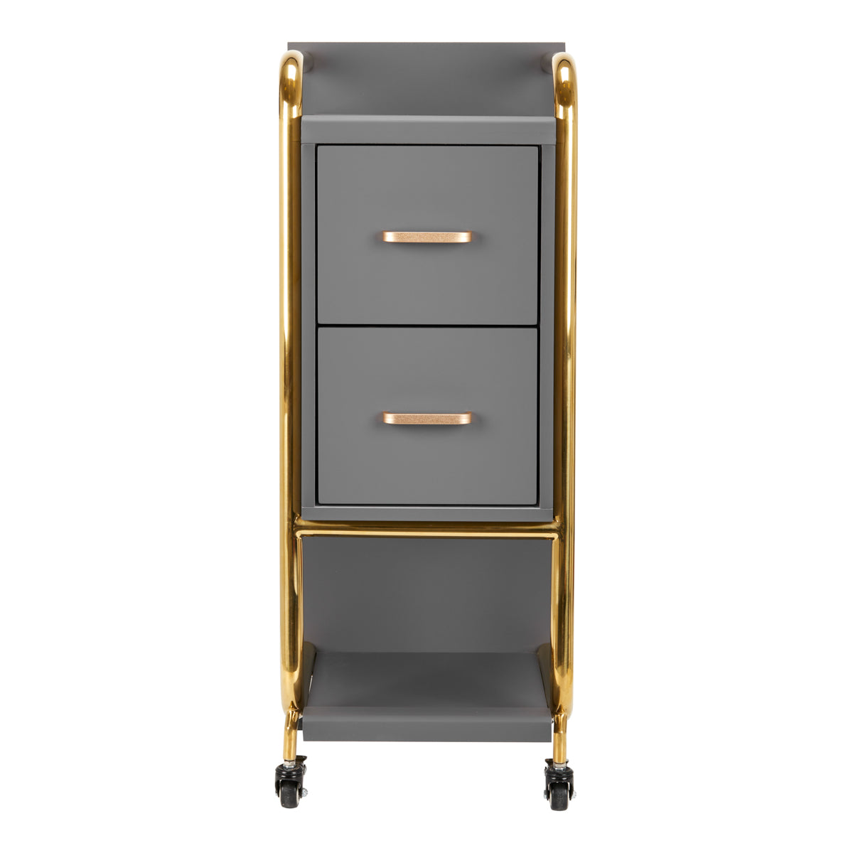 Gabbiano Solo Hairdressing Trolley Gold & Grey - front view showing the storage and construction details