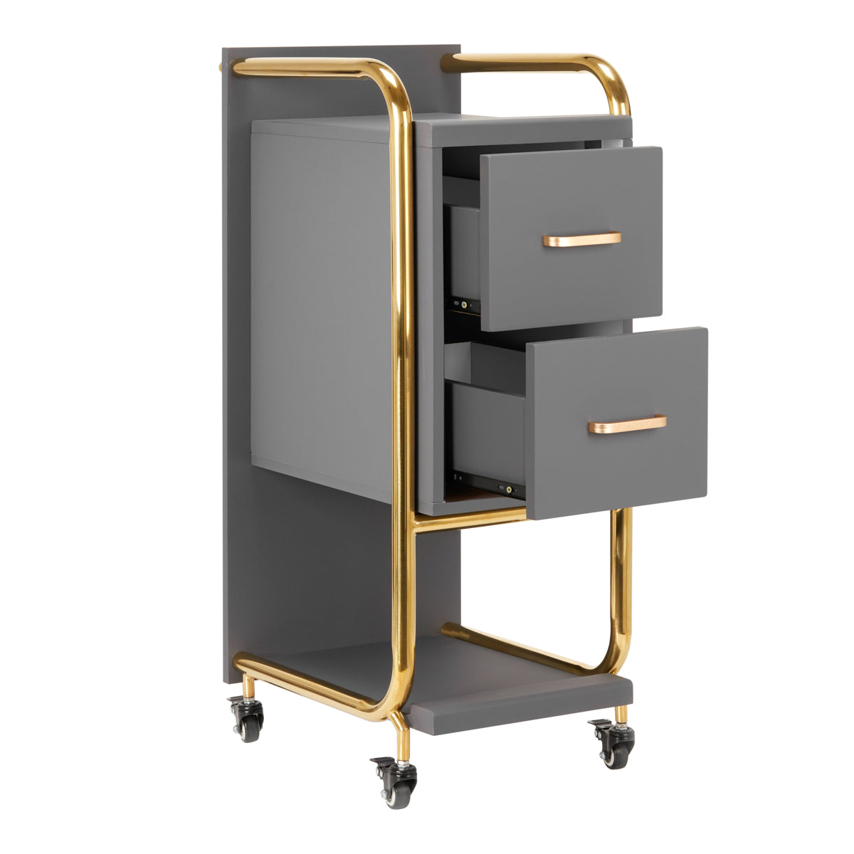 Gabbiano Solo Hairdressing Trolley Gold & Grey - front view showing the storage and construction details