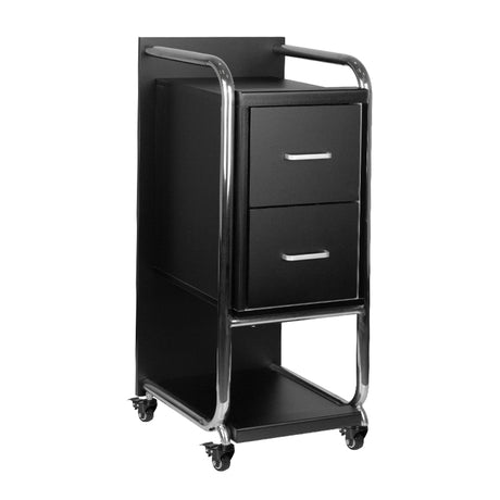 Gabbiano Solo Hairdressing Trolley Silver & Black - front view showing the storage and construction details