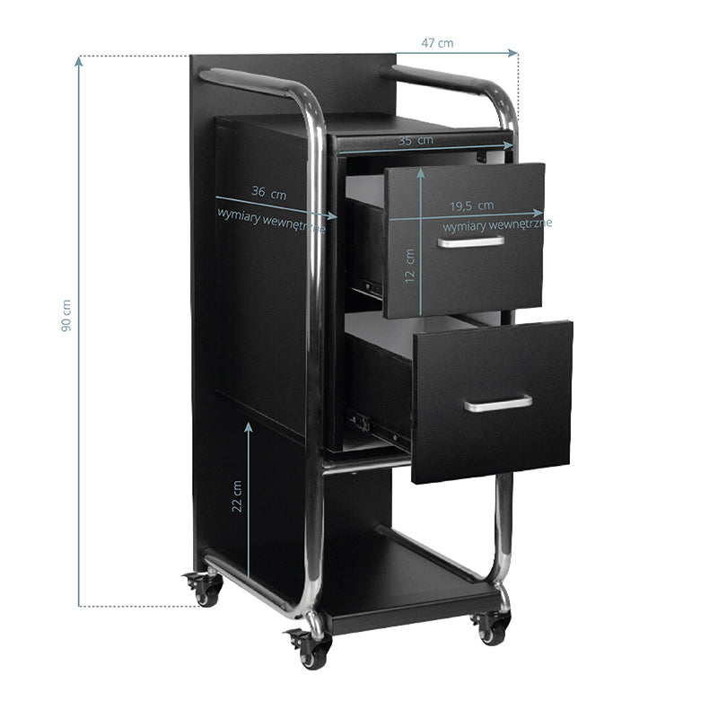Gabbiano Solo Hairdressing Trolley Silver & Black - front view showing the storage and construction details