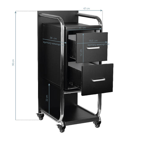 Gabbiano Solo Hairdressing Trolley Silver & Black - front view showing the storage and construction details