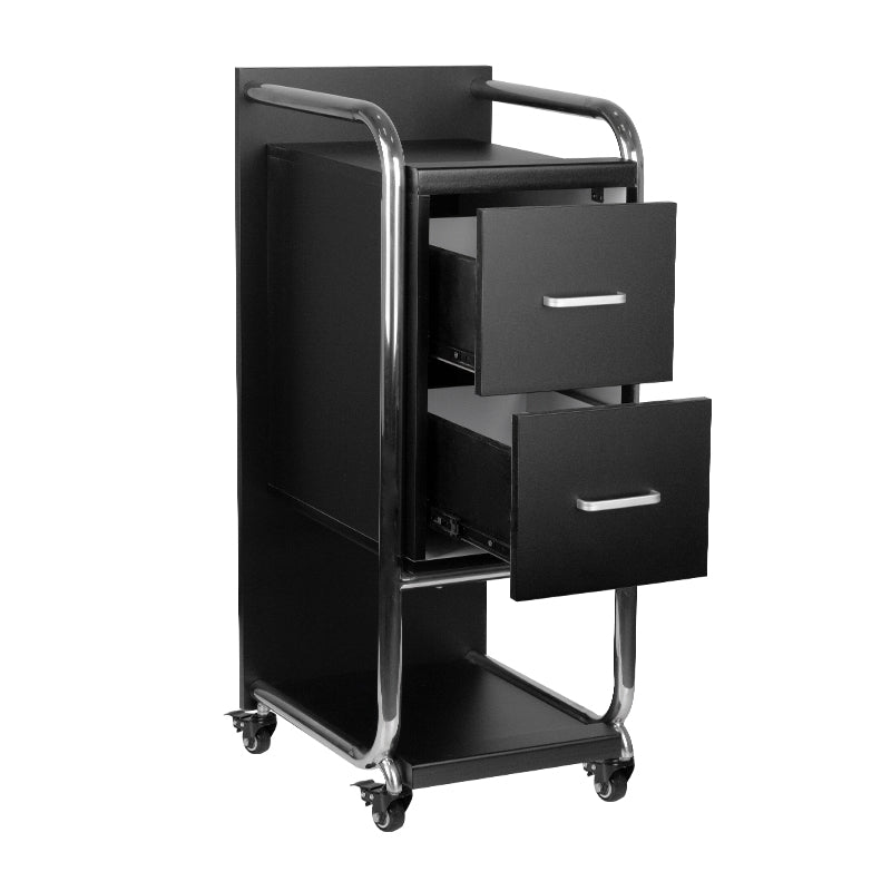 Gabbiano Solo Hairdressing Trolley Silver & Black - front view showing the storage and construction details