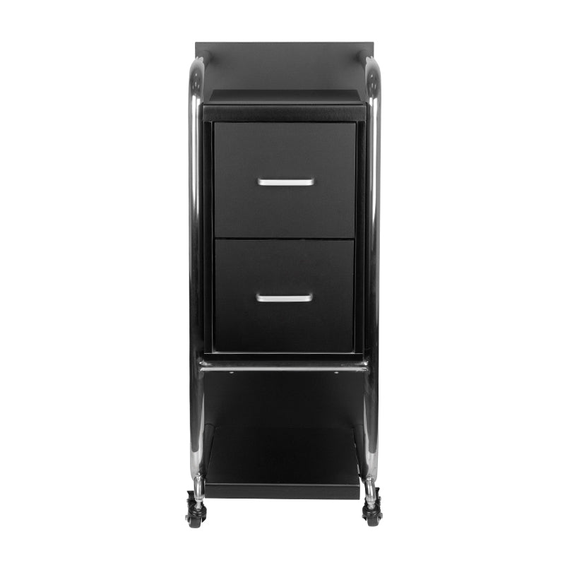 Gabbiano Solo Hairdressing Trolley Silver & Black - front view showing the storage and construction details