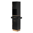 Gabbiano Totem Gold hairdressing station with black cabinet and gold handles, angled view