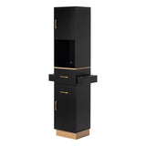 Gabbiano Totem Gold hairdressing station with black cabinet and gold handles, angled view