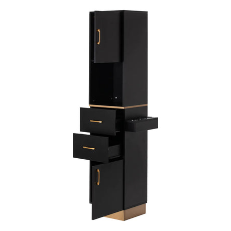 Gabbiano Totem Gold black and gold hairdressing station, open cupboards drawers