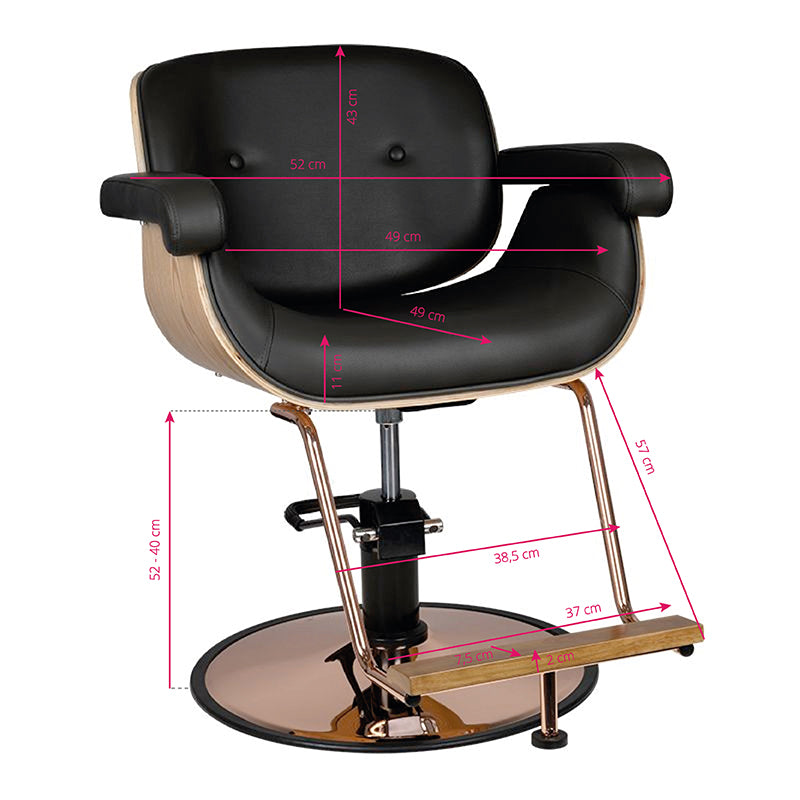 Gabbiano Venice Barber Chair Black - dimensions and measurements shown