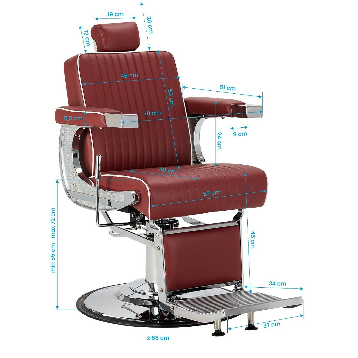 Dimension diagram for the Gabbiano Visionerio red barber chair
