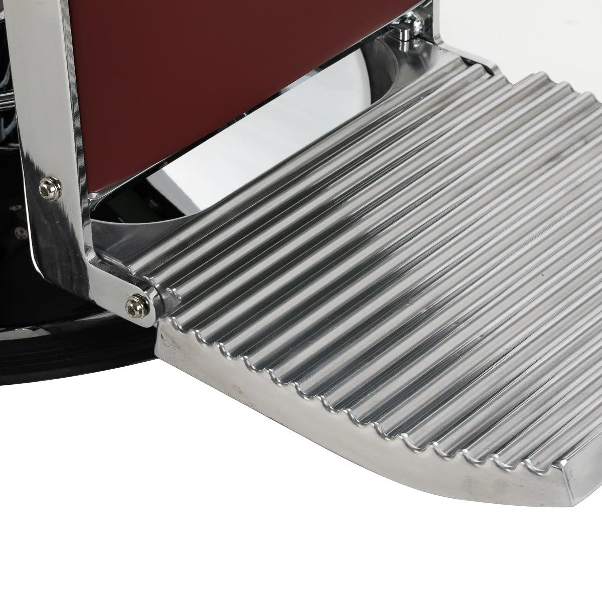 Close-up of the ribbed chrome footrest on the Gabbiano Visionerio chair