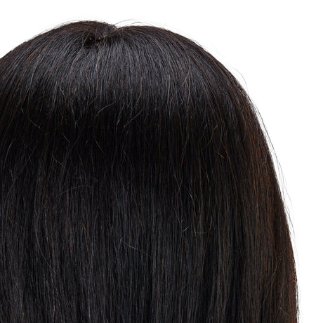 Gabbiano WZ1 Hairdressing Training Head, Natural Hair, Colour 1#, Length 20" - close-up of the training head hair colour and texture