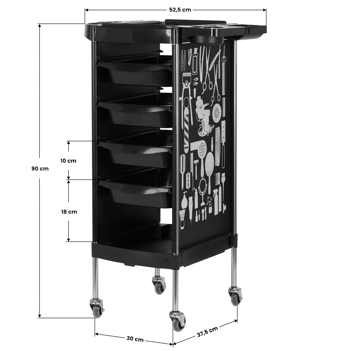 Gabbiano X11-9 Hairdressing Trolley Black Graphics - front view showing the storage and construction details