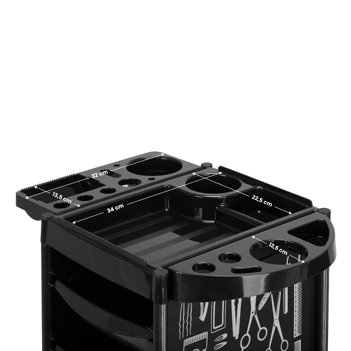 Gabbiano X11-9 Hairdressing Trolley Black Graphics - displayed in a professional treatment-room setting