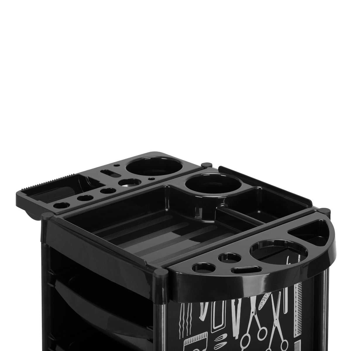 Gabbiano X11-9 Hairdressing Trolley Black Graphics - displayed in a professional treatment-room setting
