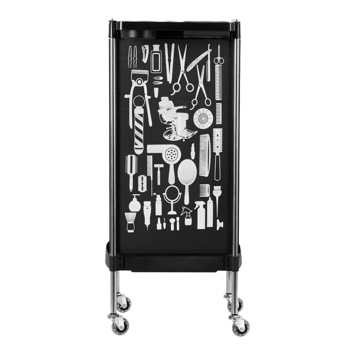 Gabbiano X11-9 Hairdressing Trolley Black Graphics - front view showing the storage and construction details
